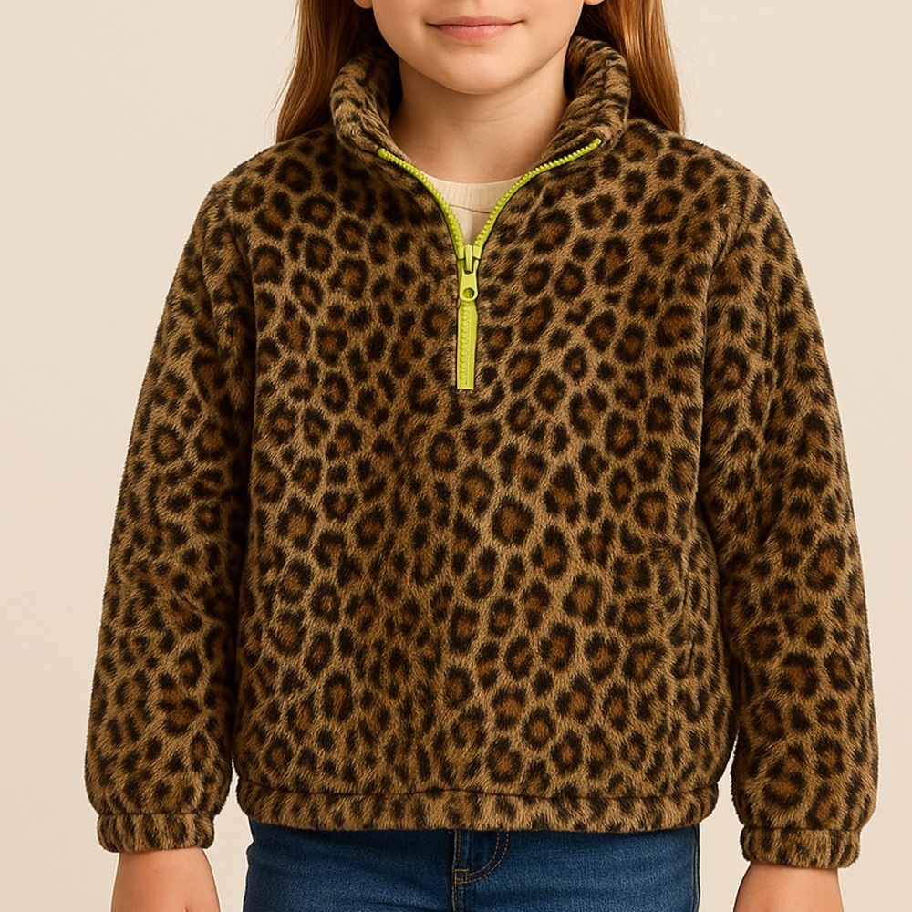 Treasure & Bond Girls XL (14/16) Leopard Print Faux Fur Zip Jacket Coat